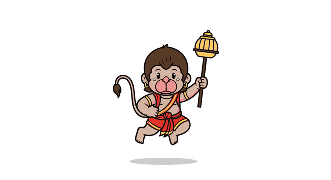 Cute cartoon monkey in traditional Thai outfit jumping with a staff