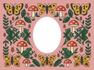 Whimsical Nature Frame with Frogs, Mushrooms, Butterflies, and Beetles - Cottagecore Illustration with Central Copy Space on Pink Background © Abilho