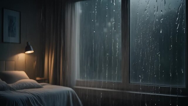 Rainy day window view cozy bedroom interior with soft lamp light and falling raindrops