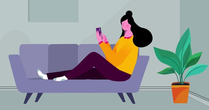 Woman lying on sofa with phone in room isolated. Cartoon animation of businesswoman character female finger palm scrolling gsm phone screen. Business explainer flat design people serie movie video