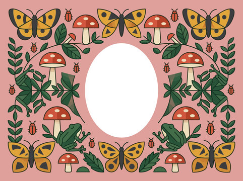 Whimsical Nature Frame with Frogs, Mushrooms, Butterflies, and Beetles - Cottagecore Illustration with Central Copy Space on Pink Background