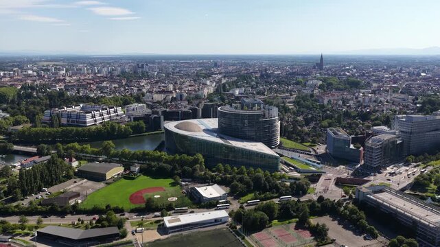 European parliament building and strasbourg cityscape aerial view