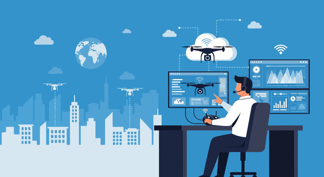 Drone operator controlling drones from futuristic control center with city skyline