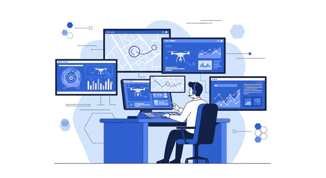 Drone operator monitors systems on multiple screens with charts and maps