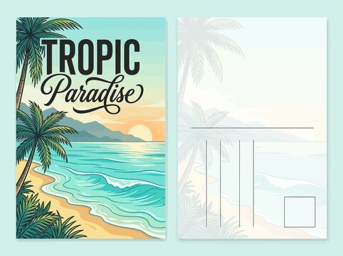Tropical Paradise Vintage Travel Postcard Design Template with Beach Sunset Illustration, Palm Trees, and Ocean Waves - Front and Back Layout