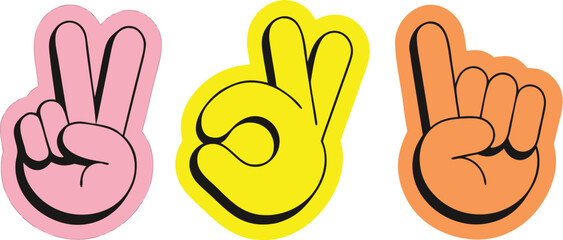 Fototapeta premium Vector illustration in hand drawn doodle style, mascot and character hands and gestures, a clean flat vector sticker illustration featuring three different hand gesture icons arranged horizontally 