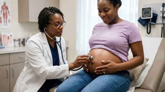 African American Doctor Checking Pregnant Womans Belly with Stethoscope in Clinic.