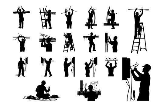 Electrician Fixing Wires Silhouette Black Vector Set | Electrical Repair Worker Collection