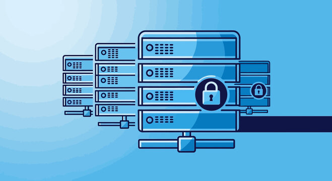 Digital Data Security: Server Rack with Padlock Icon and Network Cable