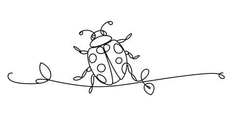 Continuous single line drawing of a cute ladybug sitting on a thin plant stem Vector, illustration © Nebaron