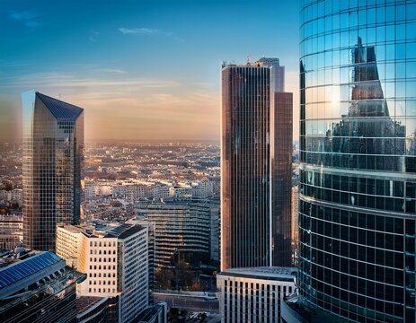 architecture and contrast forming a high angle cityscape of finance with skyscrapers and reflection on glass guiding the urban landscape of the financial district in la defense in paris