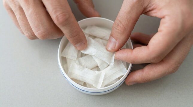 Close up of hands picking up a nicotine pouch from a round container.