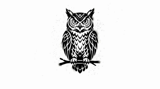 Stenciled Owl Silhouette Perched on Branch Dark Artistic Design