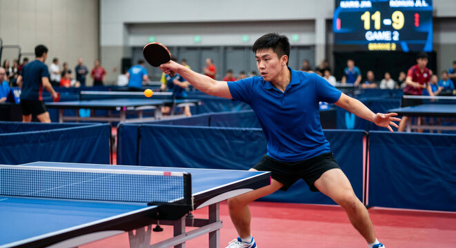 Young Asian man playing table tennis in competitive indoor tournament. Professional athlete hitting ping pong ball during intense match