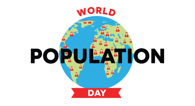 Graphic illustration featuring a stylized globe representing world population day with many red human icons