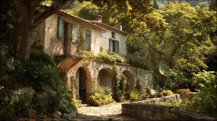 Obraz premium Charming Old Stone House with Green Shutters and Ivy in Provencal Garden