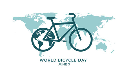 Fototapeta premium Minimalist graphic design featuring a bicycle silhouette placed over a global world map for celebration day