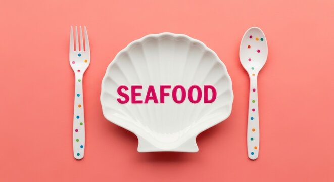 Seafood text on shell plate with fork and spoon on pink background.