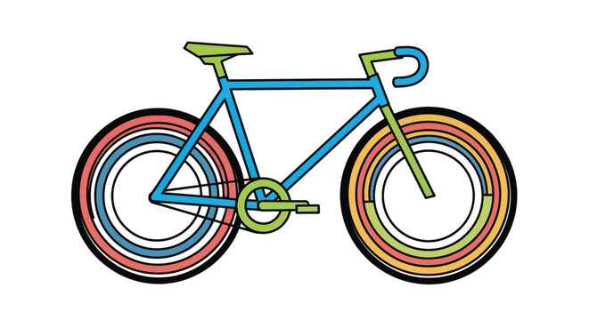 Colorful bicycle illustration showcasing a vibrant design with multi colored wheels in a side view profile