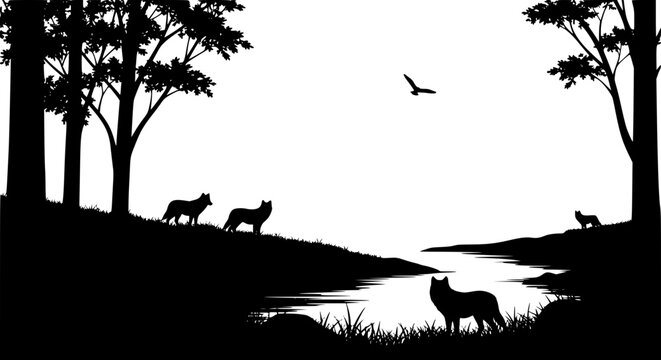 Pack of wolves silhouette in forest landscape near a river