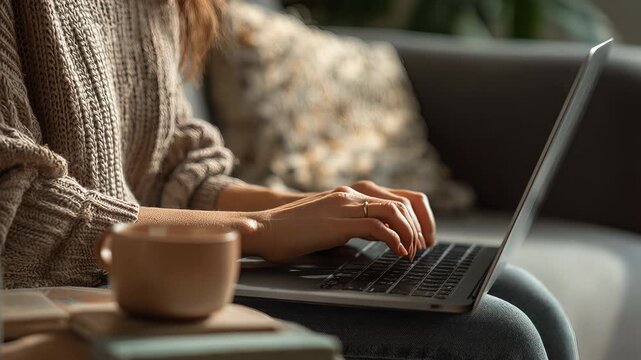 Woman holding smartphone receiving confirmation message while using laptop, close up, wireless data sync, indoor home setting, mockup template