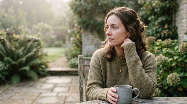 Thoughtful woman enjoying a quiet moment with coffee in a serene garden setting.