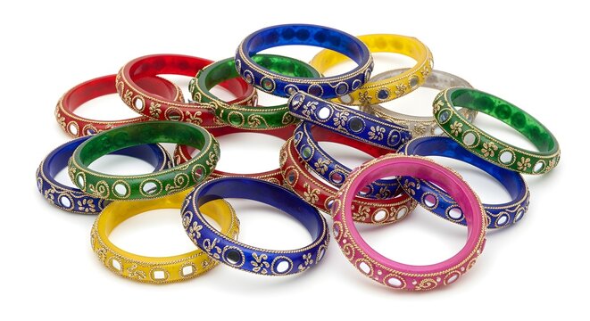 Traditional glass bangles isolated on pure white background, vivid colors and realistic texture, minimum shadows.