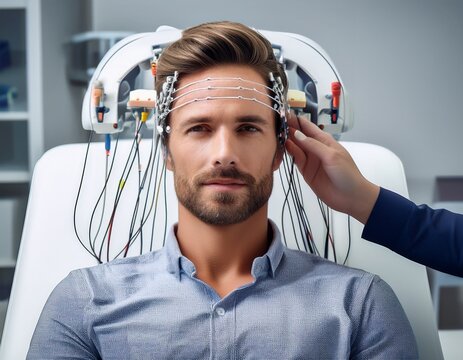 Patient Receiving Transcranial Magnetic Stimulation TMS Therapy for Treatment-Resistant Depression in Neurology Clinic