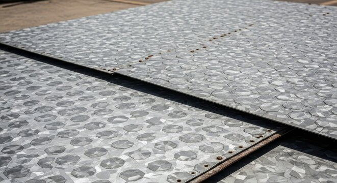 Close up of a textured galvanized metal sheet with a patterned surface and rivets, showcasing industrial material.