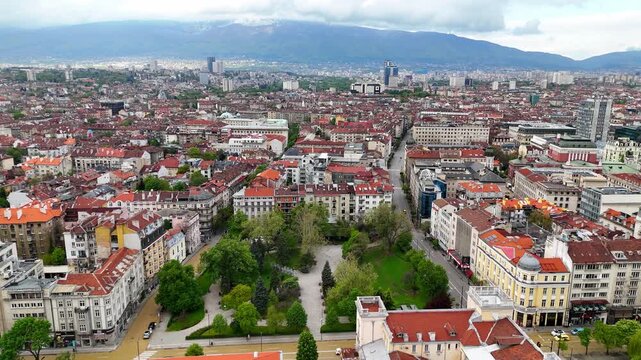 Aerial drone view of Sofia city center. View of the architecture of a European capital. Europe, Bulgaria.