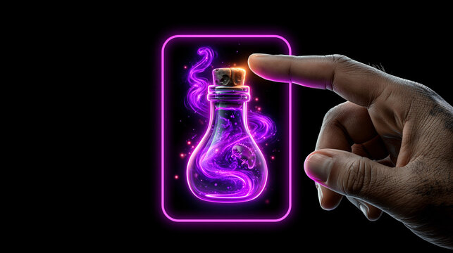Human hand touching futuristic glowing neon interface with magic purple potion bottle on black background