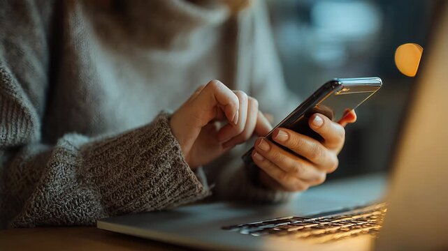Woman holding smartphone receiving confirmation message while using laptop, close up, wireless data sync, indoor home setting, mockup template