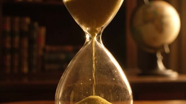 Close-up of golden sand flowing through an hourglass timer in a dimly lit library setting.