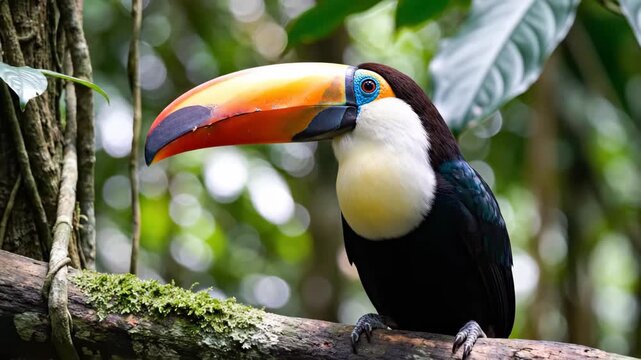 Stunning Toco Toucan close-up showcasing its vibrant orange beak in a lush tropical rainforest for wildlife and nature documentaries.