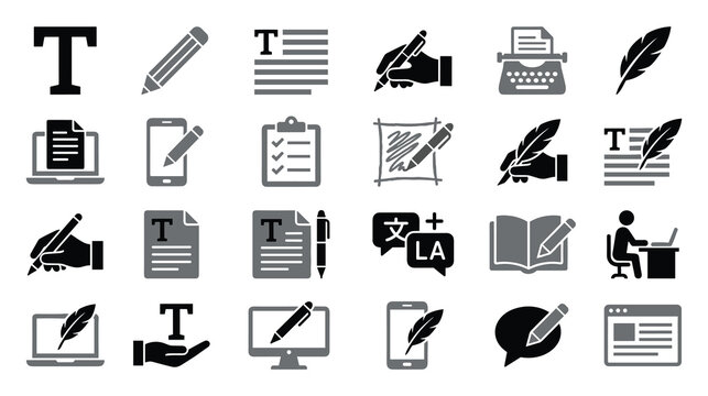 Set of writing icons, text editor, creativity, document creation.