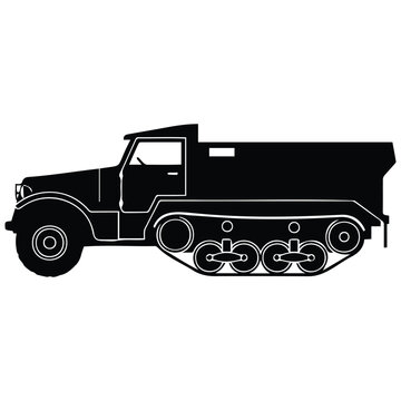 Military half track vehicle silhouette illustration vector art, vintage army truck transport.