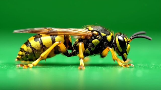 Stunning Macro Shot of a Yellowjacket Wasp with Detailed Body and Wings on Green Background for Nature Documentaries.