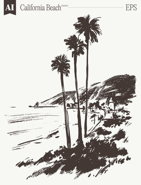 California Beach Three Palms Mountain Coastline Sketch
