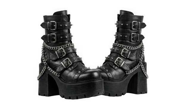 Pair of black leather platform boots with metal buckles and silver chains in a gothic punk rock style