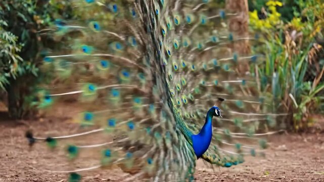 Majestic Peacock Display of male peafowl spreading its vibrant iridescent tail feathers in a full fan, perfect for nature documentaries and wildlife educational content.