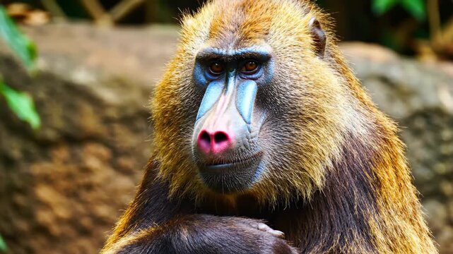 Shy Drill Monkey covering its face with its hand in a natural habitat for wildlife documentary and educational content.