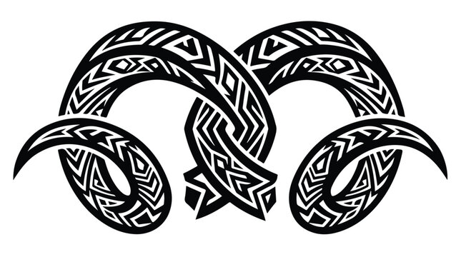 Black and white illustration of three intertwined ram horns with tribal patterns on a plain white background.