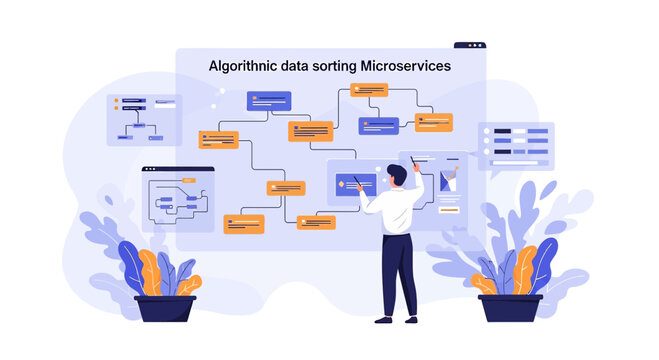 Developer works on algorithmic data sorting microservices system flowchart.
