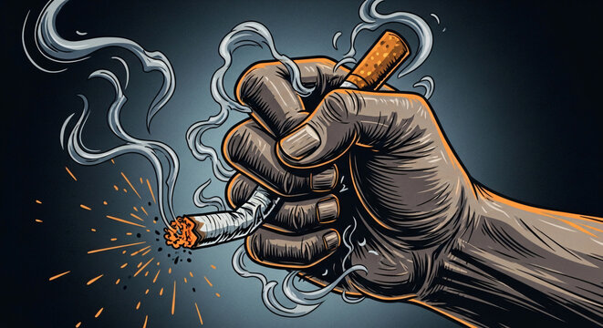 A powerful illustration of a clenched fist crushing a lit cigarette, with smoke and sparks emanating from it.