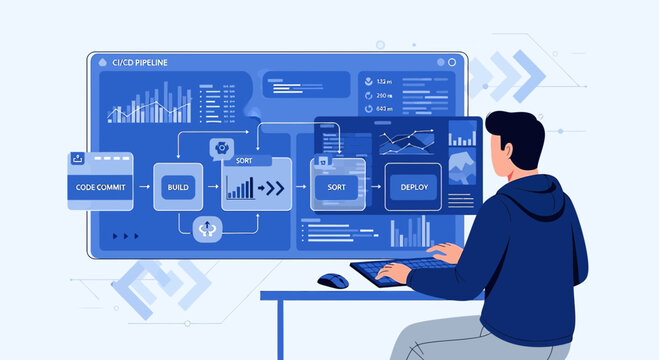 Developer works on software development workflow on computer screen