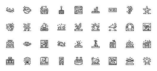 Aquarium icon set. Vector illustration pack. Minimal marine life icons. Featuring shark, puffer fish, seahorse, starfish, clownfish, dolphin, diver, coral, seaweed and more. © wang