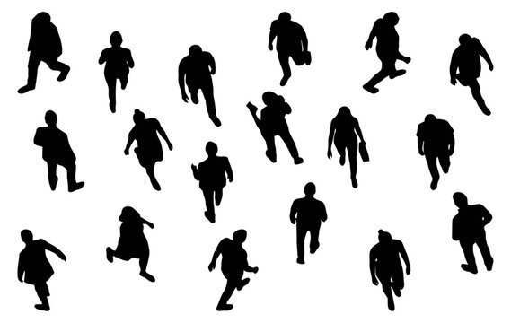 Top view people silhouettes walking and moving in urban space | Aerial perspective pedestrian crowd collection | Flat black vector graphic set