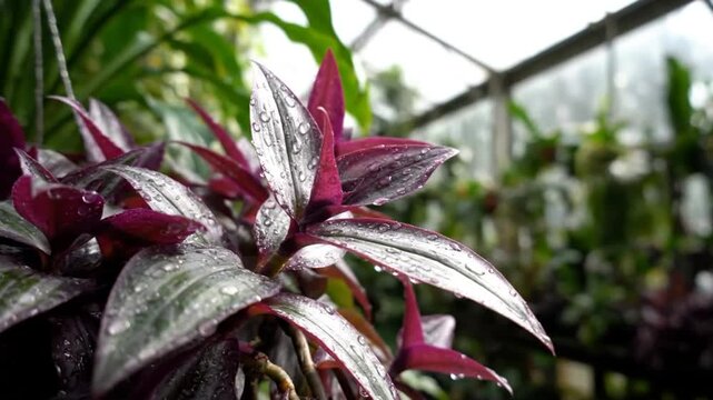 Raindrops on Purple and Silver Leaves in a Lush Green Greenhouse Environment with Blurry Background