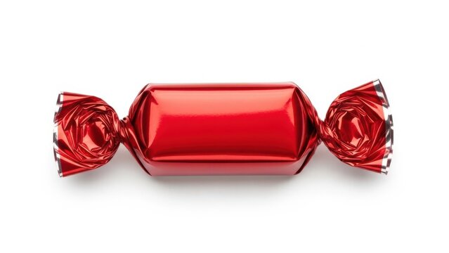 A shiny red candy wrapper with a twisted end, ready to be unwrapped