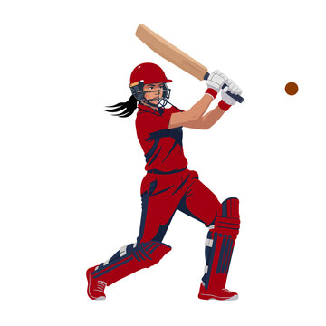 Female cricketer batter hitting ball full kit action sport power, Vector and PNG